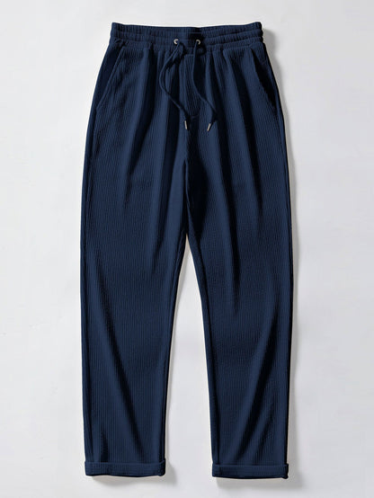 Texture Contrast Knitted V Neck Polo Shirt & Straight Leg Ribbed Pants