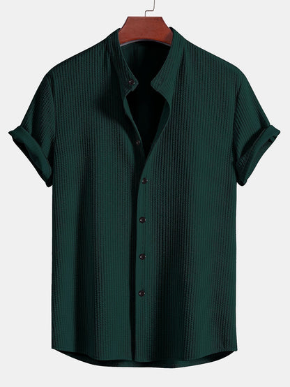 Muscle Fit Ribbed Stand Collar Shirt & Elastic Waist Straight Leg Trousers